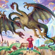 Azhdaya, the mythical dragon, perched on a rocky cliff overlooking the valley