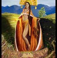 An illustration depicting Axomamma, the deity of fertility and growth, surrounded by potato plants