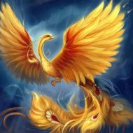 Mythical creature Aitvaras with a rooster head and feathered wings