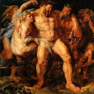An illustration of Hercules fighting a giant, with a shield and spear in hand